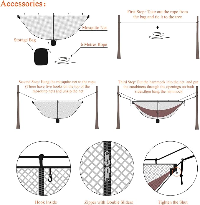 Hammock Net Camping Mosquito Net, No See Ums & Repels Insect, Polyester Netting for 360 Degree Protection, Double Sided Zipper for Easy Access Fits for All Camping Hammocks(Black)