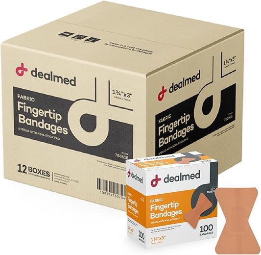 Dealmed Fabric Fingertip Flexible Adhesive Bandages – 100 Count (12 Pack) Bandages with Non-Stick Pad, Latex Free, Wound Care for First Aid Kit, 1-3/4" x 3"