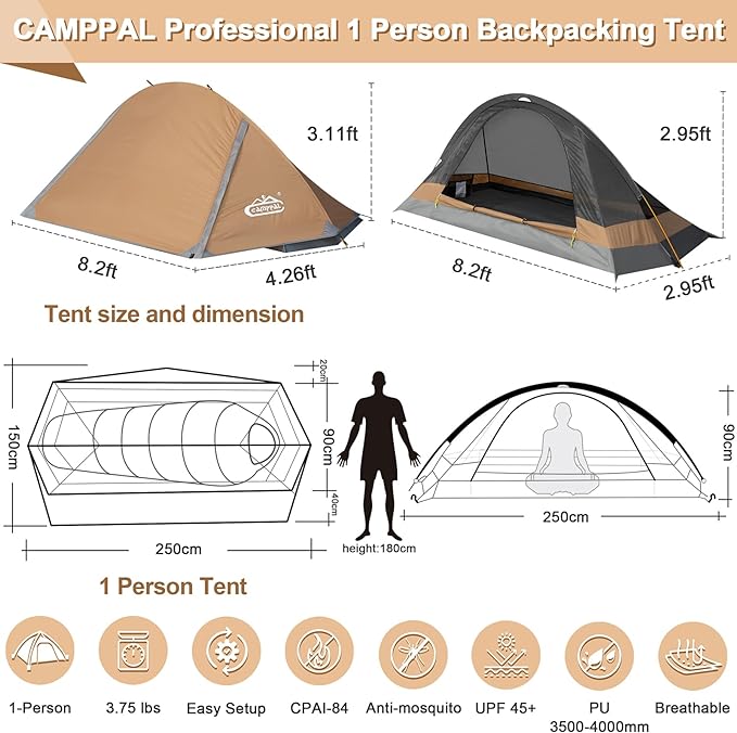 1 Person Tent for Camping Hiking Mountain Hunting Backpacking Tents 4 Season Resistance to Windproof Rainproof and Waterproof