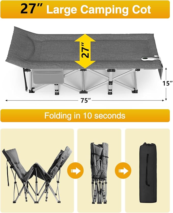 ZENPETIO Heated Camping Cot for Adults, Durable Foldable Cot Bed with Pad & Carry Bag, Portable Sleeping Cot for Camping Home Guest Stay, Direct Plug-in Design for Reliable Heating, Gray