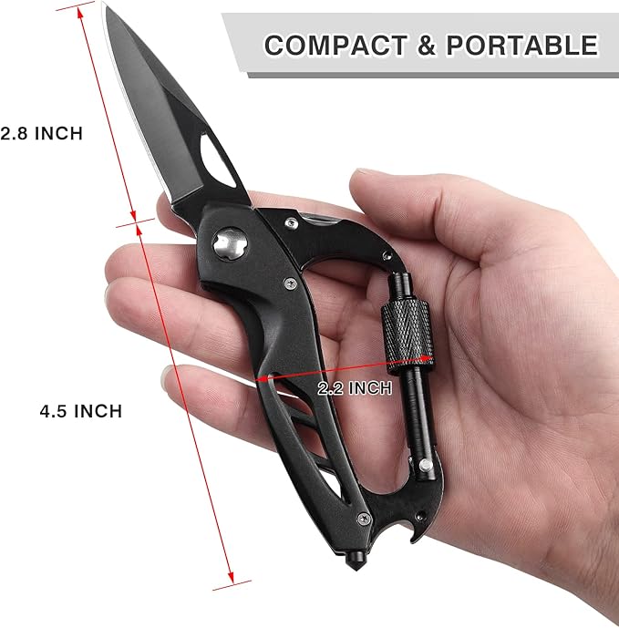 Multitool Carabiner with Pocket Knife, Stocking Stuffers Gifts for Men, EDC Carabiners with Folding Knives, Bottle Opener, Window Breaker and Screwdriver, Survival Gear for Camping Hiking