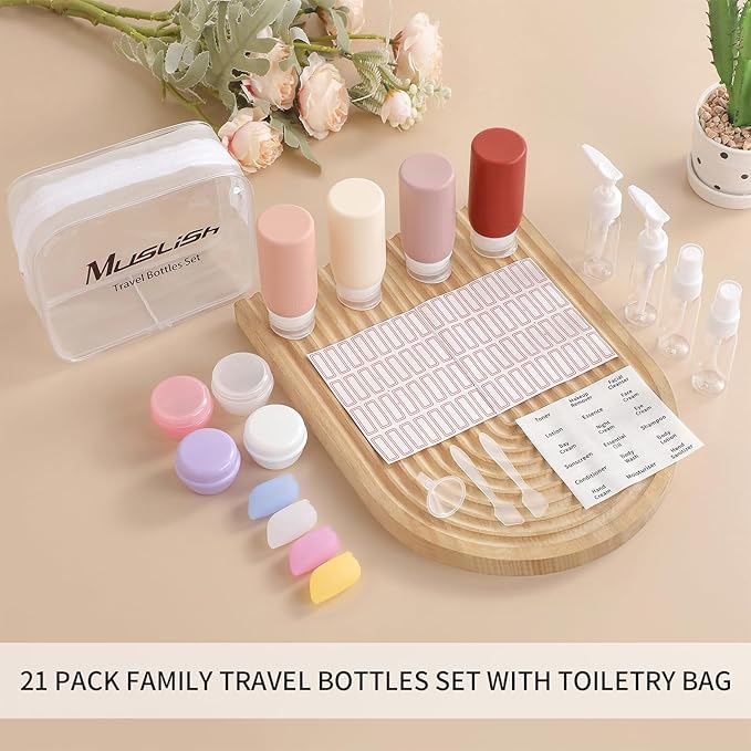 Muslish 21 Pack Travel Bottles for Toiletries, Leak-Proof TSA Compliant Silicone Travel Size Containers for Shampoo and Conditioner, BPA Free with Toiletry Bag (Cream)