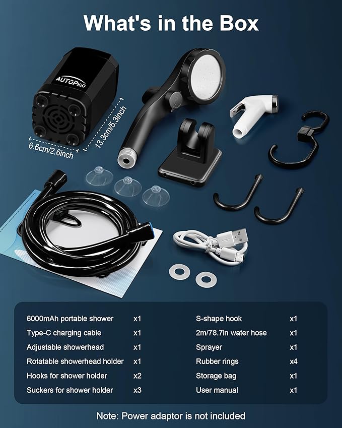 AUTOPkio Portable Camping Shower, 6000mAh Rechargeable Camp Shower Pump with USB Cable & Electric Outdoor Shower Head Sprayer for Camping, Hiking, Pet Bathing, Washing
