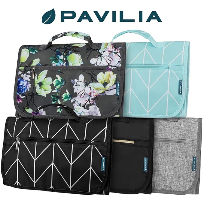 PAVILIA Hanging Toiletry Bag Women Men, Travel Kit Foldable Large Toiletries Organizer, Roll up Cosmetics Makeup Bag Accessories, Waterproof Essentials Jewelry Case (Heather Grey)