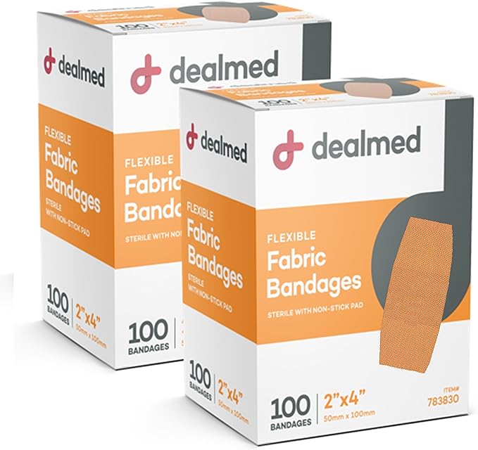 Dealmed Fabric Flexible Adhesive Bandages – 100 Count (2 Pack) Bandages with Non-Stick Pad, Latex Free, Wound Care for First Aid Kit, 2" x 4"