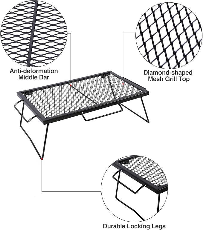 Folding Campfire Grill Grate, Portable Heavy Duty Steel Over Fire Camp Grill for Outdoor Camping Cooking Fire Pit, Black with 2 Heights