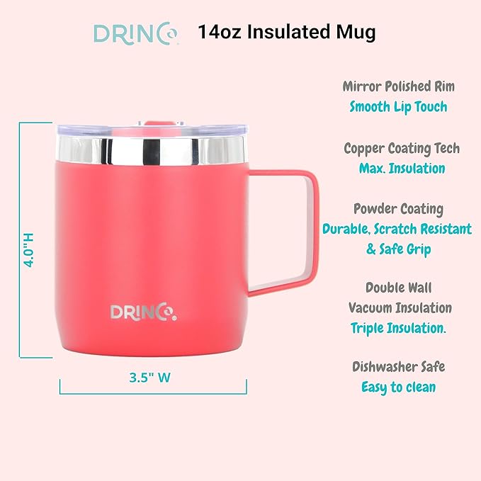 Drinco 16 oz Coffee Mug, Vacuum Insulated Camping Mug with Lid, Double Wall Stainless Steel Travel Mug Insulated Tumblers Coffee Mugs Coffee Cups Tea Cup (14oz Barn Red)