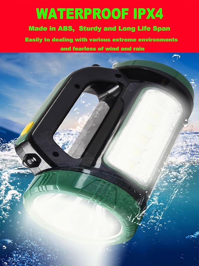 Solar Rechargeable LED Searchlight Spotlights, Super Bright 10000LM Handheld Spotlight Lantern, Multifunctional LED Lamp Camping Work Light, 6 Light Modes, Power Bank, IPX4 Waterproof