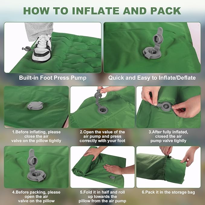 MINGPINHUIUS Camping Sleeping Pad with Pillow: Extra Thick 4.7 Inch Ultralight Self Inflating Air Mat, Connectable 50D Insulated Sleep Mattress for Backpacking, Camp, Hiking, Tent (Olive Green)