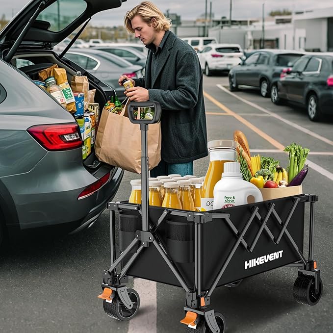 Collapsible Wagon Cart, 360Lbs Heavy Duty Foldable Beach Wagon with Wider Wheels, Utility Grocery Shopping Cart for Garden, Camping, Sports, Black