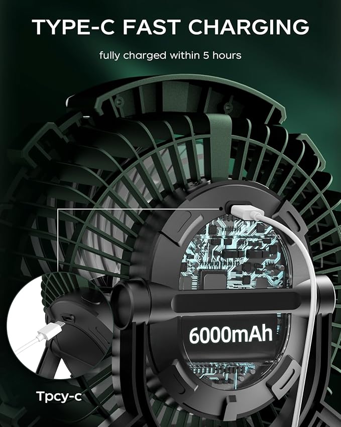 Camping Fan with LED Lantern, 6000mAh Battery Operated Rechargeable Fan, 3 Speeds,180° Rotation, Portable Desk Fan with Hanging Hook, Tent Fan for Travel Camping Outdoor Fishing
