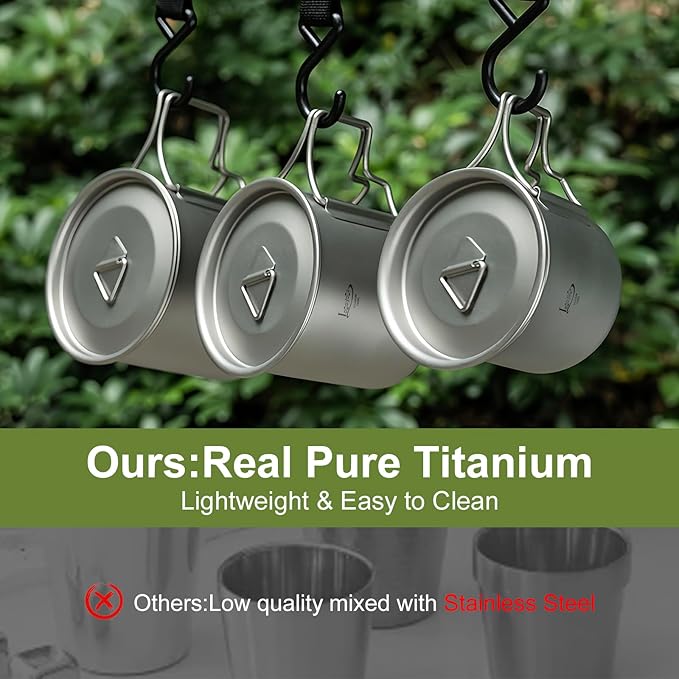 Titanium Pot with Lid, Lightweight Camping Pot with Foldable Handles, Portable Titanium Cooking Pot, Backpacking Pot Titanium Cookware with Carry Bag