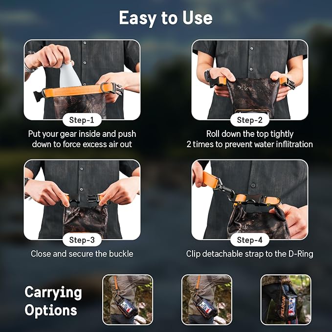 Pelican Marine IP68 Waterproof Dry Bag 5L - Roll Top Waterproof Backpack w/Phone Case/Pouch - Boating & Kayak Accessories - Essentials for Camping Swimming Beach Fishing Rafting Travel - Hunter Camo