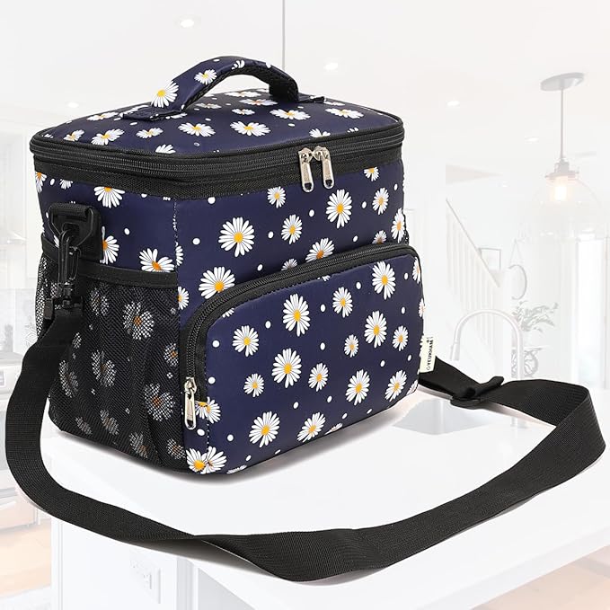 Insulated Lunch Bag for Adult/Women/Men, Reusable Large Lunch Box Cooler Soft Leakproof Tote, Thermal Meal Prep Lunch Pail with Adjustable Shoulder Strap for School/Travel/Office, Daisy