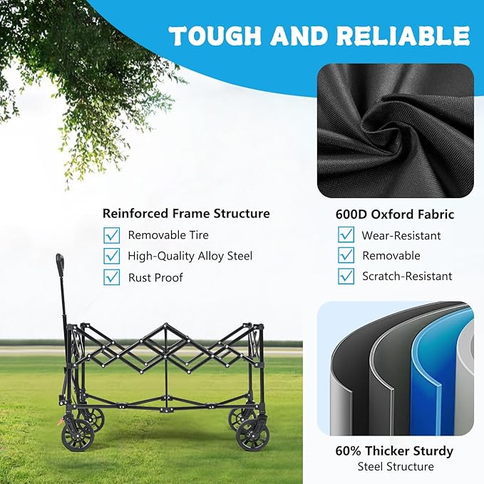 Collapsible Wagon Cart Foldable, 220L Extra Large Heavy Duty Utility Wagons with 350lbs Weight Capacity, Portable Large Capacity Garden Cart for Camping Beach Grocery Shopping, Black