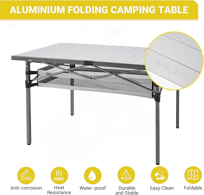 KingCamp Spacious Tabletop Area Aluminum Compact Roll 4-6 Person Stable Adjustable Feet Table with Carry Bag for Outdoor Camp Picnic, Black/Siver_53.5"×27.5" with Storage Layer