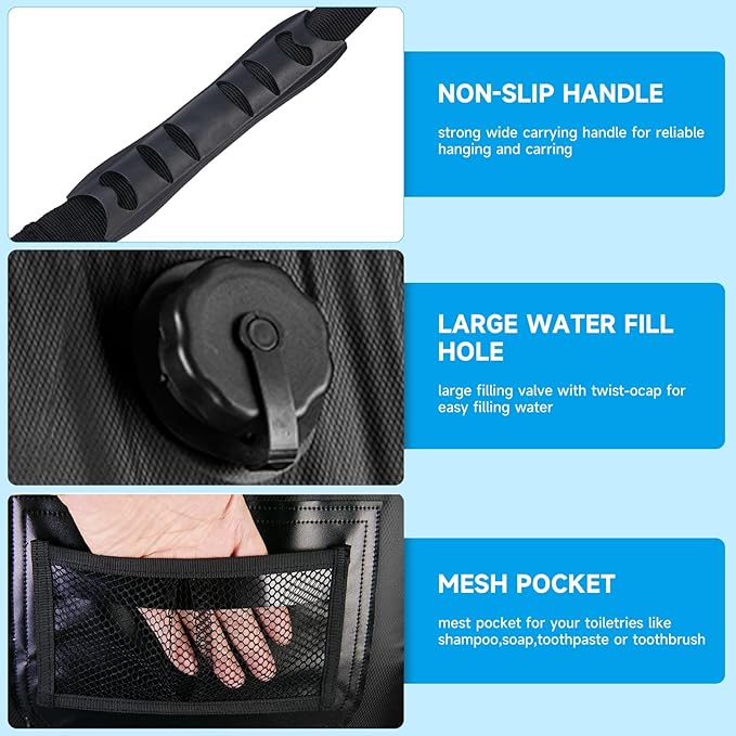 Solar Portable Shower Bag, 5 Gal/20L Solar Heating Outdoor Camping Shower Bag with On-Off Switchable Shower Head&Removable Hose Suitable for Camping, Hiking, Travel, Beach Swimming