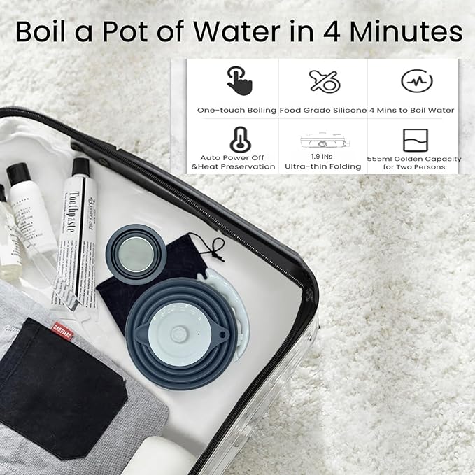 Travel Electric Kettle Small, Collpasible Electric Kettle, Portable Tea Kettle + Paperless Collapsible Pour Over Coffee Dripper, Travel Pour Over Coffee Maker Camping Single Cup (Black)