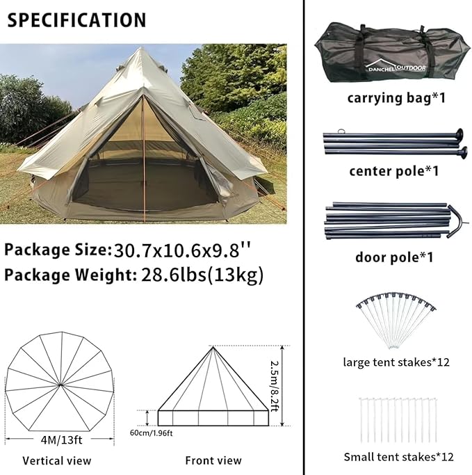 DANCHEL OUTDOOR B2 Waterproof Glamping Yurts for All Year Living with Stove Jack for 4/6 Person, Portable 4 Season Bell Tent for Camping Hot Tent 300D Oxford Nylon Glamping Accessories,13ft/16.4ft