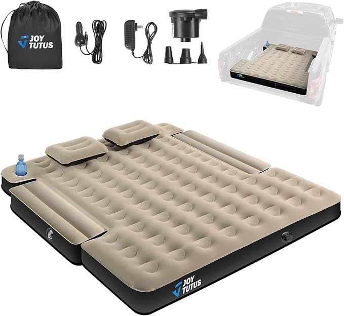 JOYTUTUS Truck Bed Air Mattress for 6.0-6.3Ft, Compact Regular Truck Beds,Anti-Leakage, with Air Pump&2 Pillows, Inflatable Pickup Mattress,Compatible with Tacoma&Ranger&Frontier,Camel&Black