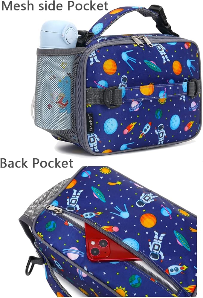 FlowFly Kids Lunch Bag, Durable Insulated School Lunch Box with Shoulder Strap and Bottle Holder, Water-resistant Thermal Small Lunch Cooler Tote for Teen Boys & Girls,Astronaut