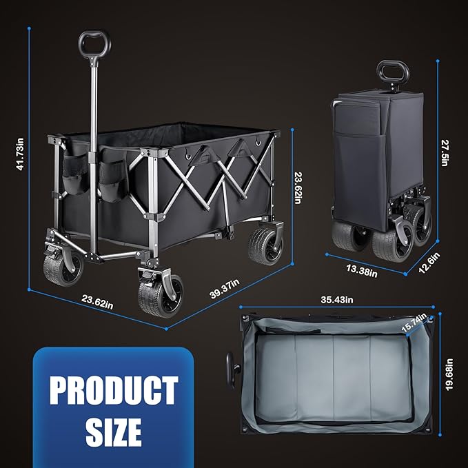 Collapsible Wagon with 450lbs Capacity – Wagons Carts Foldable with Wheels, 200L All-Terrain Garden Wagon, Heavy Duty Grocery Cart on Wheels for Beach, Camping