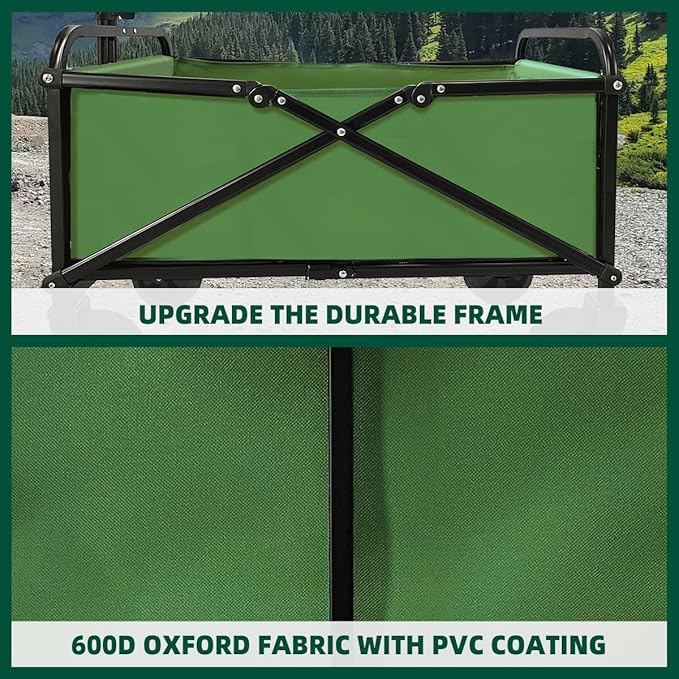 Collapsible Wagon Cart Heavy Duty Foldable, Large Capacity Foldable Grocery Beach Wagon for Camping Sports Shopping, Green