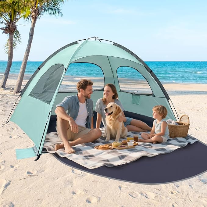 NXONE Beach Tent Sun Shade Shelter for 4 Person with UV Protection, Extended Floor, 3 Mesh Roll Up Windows & 8.5mm Fiberglass Rods丨Carry Bag Included (Mint Green)