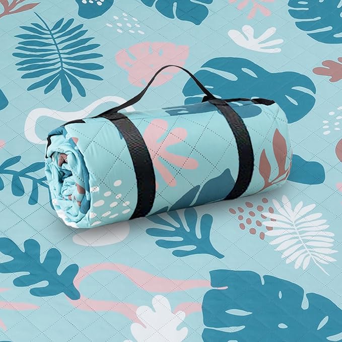 PY SUPER MODE Extra Large Waterproof Picnic Blankets 83x79 Inches - 5 Layer Outdoor Picnic Mat for Beach Camping Park Lawn, Windproof Anchor System with Stakes, Foldable Blue&Green