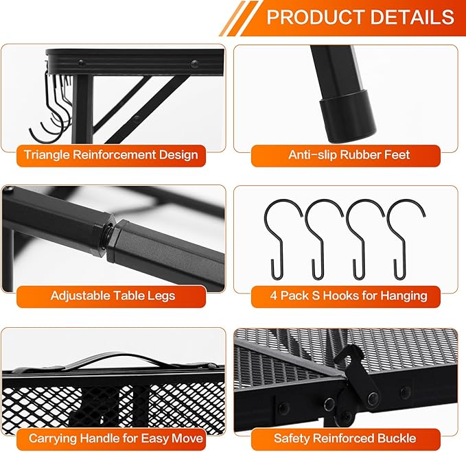 Outdoor Metal Grill Stand, Folding Picnic Camping Table 3 Ft - Portable, Lightweight, Compact & Height Adjustable Collapsible Patio BBQ Garden Table with Carry Bag