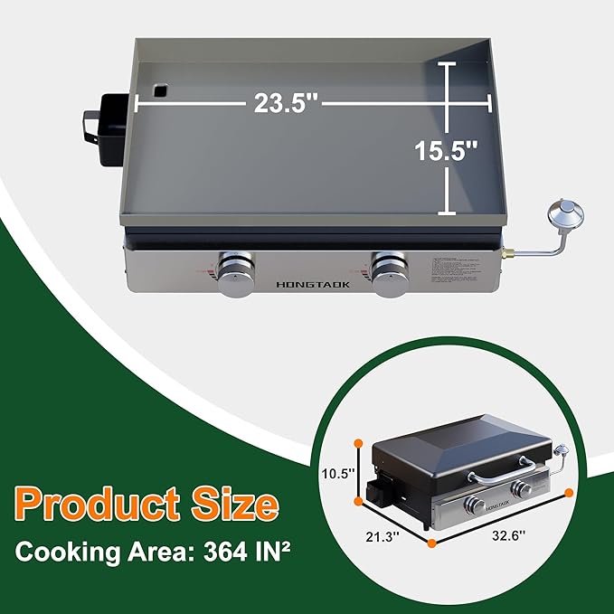 23 Inch Portable Propane Gas Grill with Lid & Stainless Steel Front Plate, Propane Table Top Griddle for Outdoor, Cooking, BBQ, Camping, 2 Burners