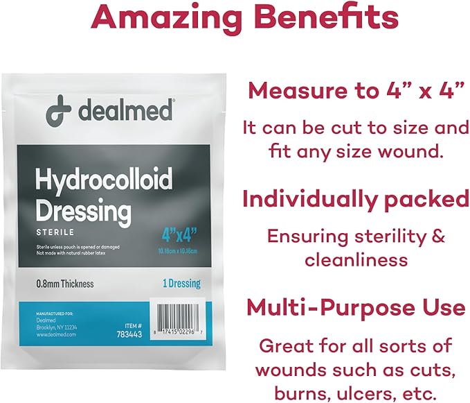 Dealmed Hydrocolloid Dressings–4” x 4” Standard Thickness Hydrocolloid Bandages, Wound Care Products for First Aid Kits, Box of 10 and Individually Packed