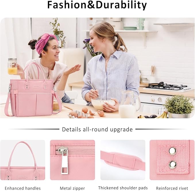 MAXTOP Lunch Bag Women for Work Insulated Thermal Lunch Box with Wide-Open Pocket Reusable Leakproof Cooler Bags with Removable Shoulder Strap for Teacher Nurse Office Picnic Travel Pink
