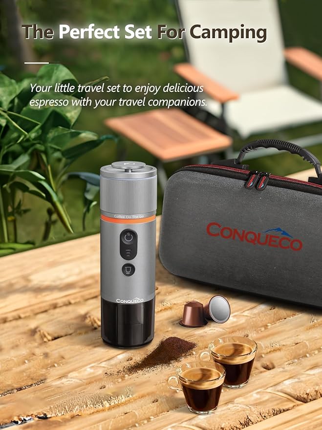 CONQUECO Portable Espresso Machine Travel: 12v Car Coffee Maker with Battery for Camping - Small Electric - 2.5 Mins Heating - Set With Ground Coffee & NS Capsule & Handbag for RV, Hiking, Office