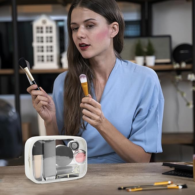 Moyad TSA Approved Clear Toiletry Bag, 2 Pack Quart Size 3-1-1 Liquids Pouch for Travel, Transparent Makeup & Cosmetic Organizer for Women Men, Beige