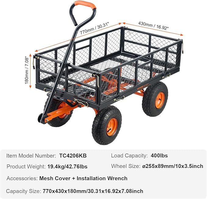 VEVOR 400lbs Steel Garden Dump Cart, Heavy Duty Garden Wagon Yard Dump Wagon with Removable Sides, Convert to Flatbed, Utility Liner, 10in All Terrain Wheels