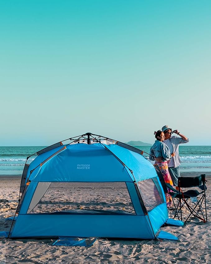 OutdoorMaster Beach Tent for 3-4 Person - Easy Setup and Portable Beach Shade Sun Shelter Canopy with UPF 50+ UV Protection Removable Skylight Family Size