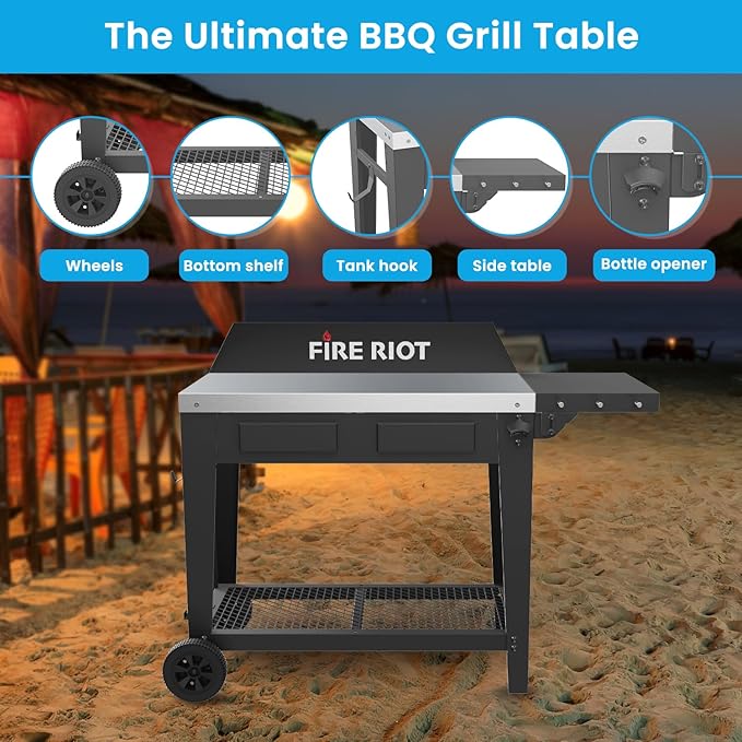 Portable Outdoor Grill Table - Grill Carts with Wheels – 36” L x 20” W Stainless Steel Table Top– BBQ Cart Fits 17 Inch Or 22 Inch Griddle Stand Outdoor Cooking Station