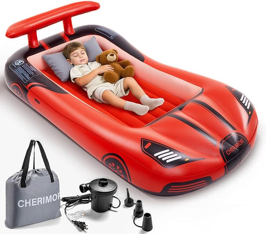 Inflatable Toddler Travel Bed with Safety Bumpers & 2 Mins Auto Inflation Pump, Portable Toddler Kids Air Mattress with Carry Bag for Home Grandma's Sleepovers Travel Camping, 330lbs Support