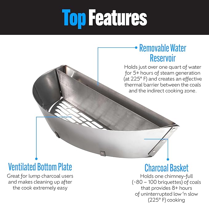 SnS Grills Slow ‘N Sear Charcoal Inserts for Low ‘N Slow & High-Heat Cooking - Patented Stainless Steel Accessories for Kettle Grills - Low Profile 22"