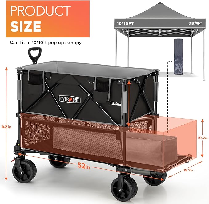 Overmont 400L Foldable Double Decker Wagon - Large Capacity Collapsible Wagon Cart- 52" Extra Long Extender - All-Terrain Big Wheels for Camping, Football Game, Sports Events, Support Up to 450lbs