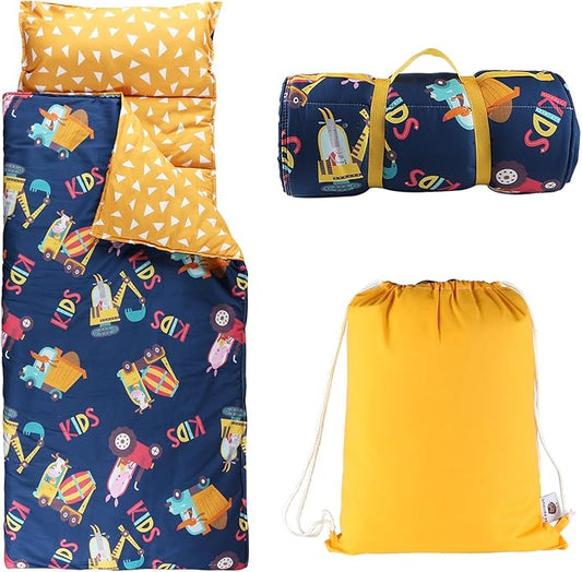 Toddlers Nap Mat with Removable Pillow and Soft Blanket, Lightweight Daycare Preschool Kindergarten Sleeping Bag, Travel Slumber for Kids Girls Boys