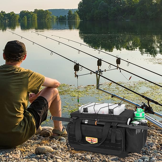 Waterproof Fishing Tackle Bag with Waterproof EVA Bottom (No Tackle Boxes in Package), Soft Tackle Box Storage Bag with Rod Holder, Pliers Storage for Fishing