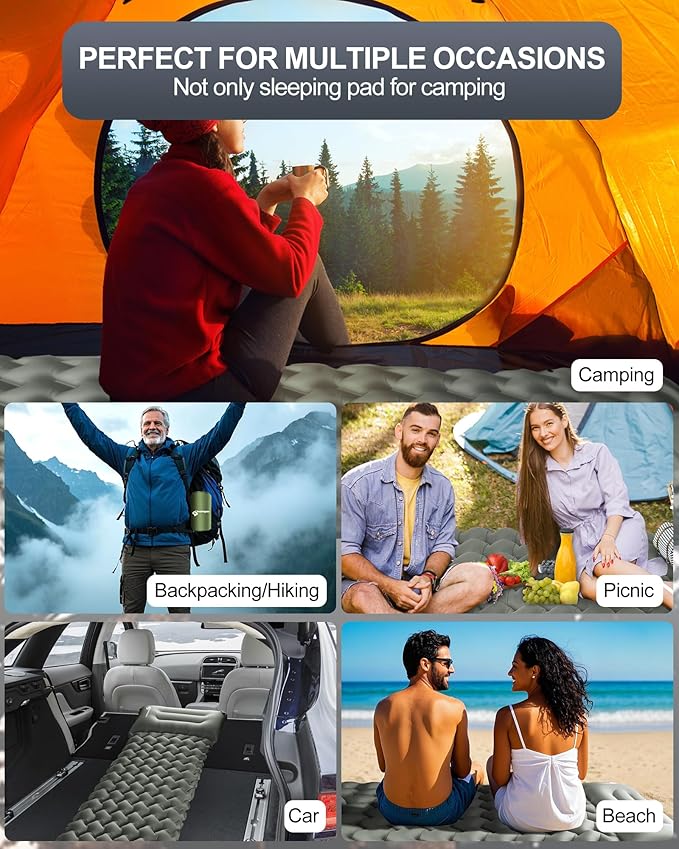 Inflatable Camping Sleeping Pad with Pillow & Foot Pump, 3"x79"x26" Single Camping Air Mattress, Compact Roll-Up, Quick-Dry & Durable Sleeping Mat for Backpacking, Hiking, Tent, Travel – Grey