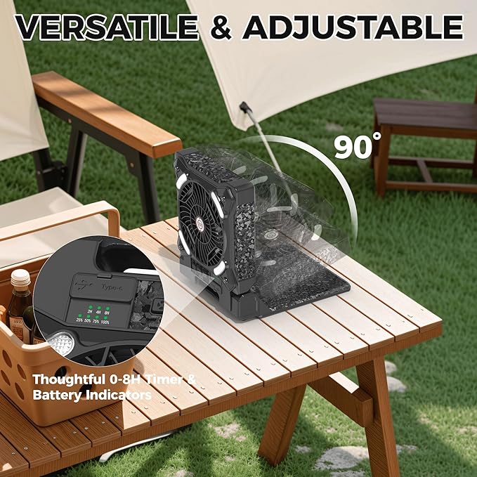 MORECORE 10000mAh 11inch Solar Camping Fan with Dual Charging, 4 Speeds & 3 Light Levels, 36H Run Time, Timer & 90° Adjustable, Portable Quiet Desk Fan for Hiking, Hurricane, Outages, Fishing-Black