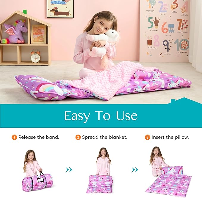 JOIEDOMI Toddler Nap Mat for Preschool 55''x30'' Sleeping Mat with Removable Pillow and Minky Blanket for Kids Ages 3-7 Roll Up Soft Kids Sleeping Bag for Boys Girls Kindergarten Daycare Sleepover