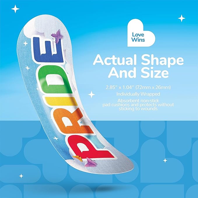 BioSwiss Bandages, Rainbow Pride Shaped Self Adhesive Bandage, Latex Free Sterile Wound Care, Fun First Aid Kit Supplies, 50 Count