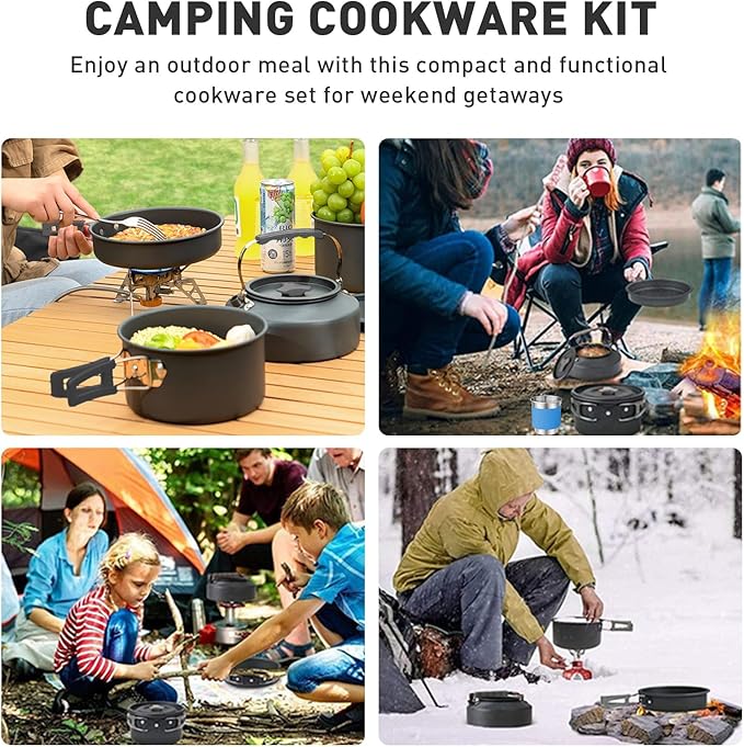 Camping Cookware Camping Cooking Set, Non-Stick Pots and Pans with Stove and Kettle, 2 Stainless Steel Plates, 2 Water Cups, 2 Sets of Knives and Forks, Spatula, Dish Towel, Backpack Storage Bag