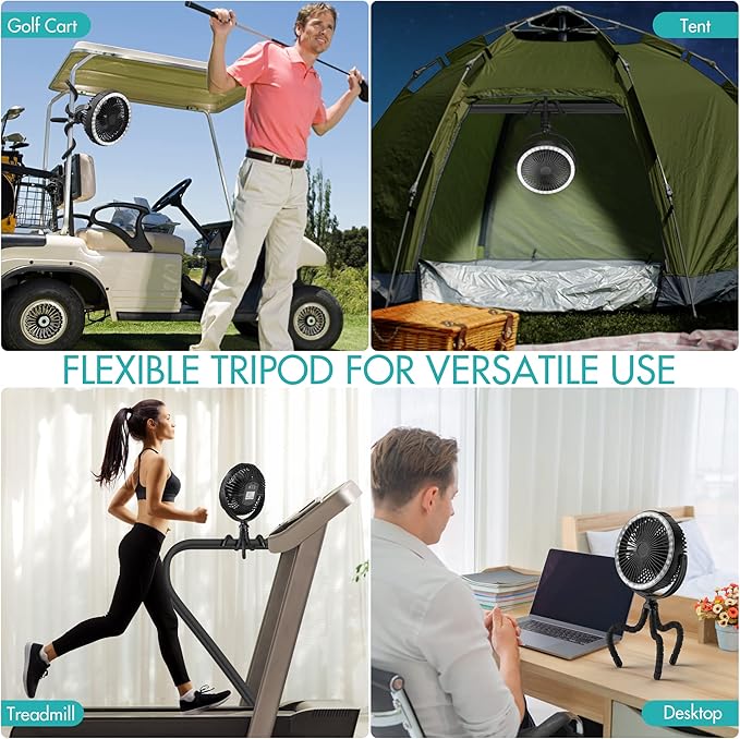 COMLIFE 10000mAh Rechargeable Camping Fan, 8-inch Battery Operated Tent Fan with Camping Light, Portable Fan with Flexible Tripod, Clip on Fan for Golf Cart, Grow Tent, Bunk Bed