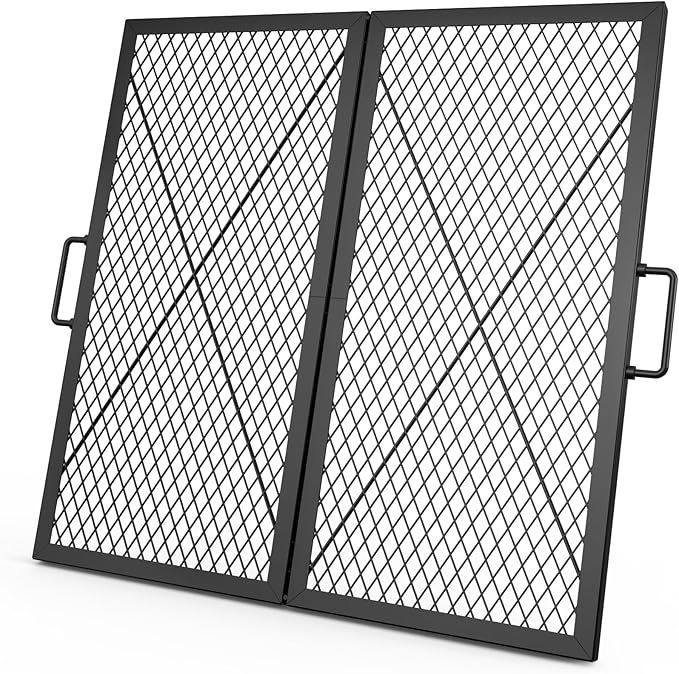 only fire Foldable X-Marks Fire Pit Cooking Grate, Outdoor Square Campfire Grill Grate with Handles, Portable Camping Cookware for Outside Party,30 inch